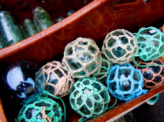 2 vintage fish fishing floats bottle blue glass balls in string netting